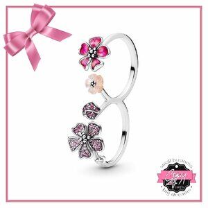 Peach Blossom Flowers Silver Double Ring - Size 8/9.5